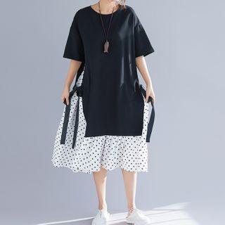 Dotted Short-sleeve Midi A-line Dress Black - One Size