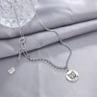 Asymmetric Alloy Pendant Necklace Set Of 2 - Silver & Black - One Size