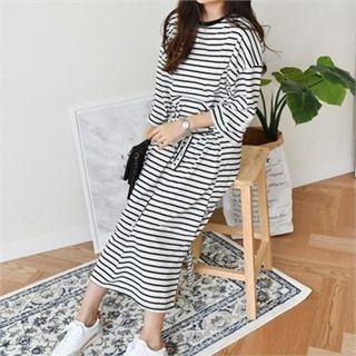 3/4-sleeve Drawstring-waist Stripe Dress