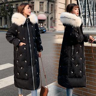 Furry Trim Embroidered Padded Long Jacket