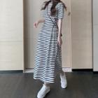 Short-sleeve Striped Slit Midi A-line Dress Stripe - One Size