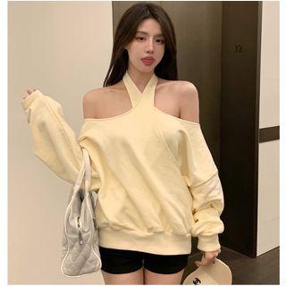 Cold-shoulder Cross Strap Sweatshirt Yellow - One Size