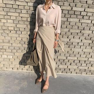 Self-tie Linen Blend Maxi Skirt Light Beige - One Size