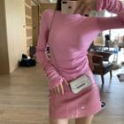 Long-sleeve Knit Top / Patent Mini A-line Skirt