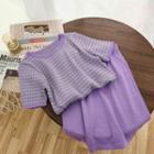 Set: Patterned Short-sleeve Knit Top + A-line Skirt Set Of 2 - Top - Purple - One Size / Skirt - Purple - One Size