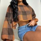 Puff Sleeve Plaid Loose-fit Crop Sweater
