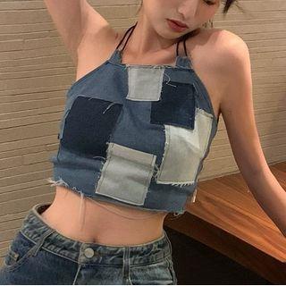 Halter Neck Denim Top Blue & White - One Size