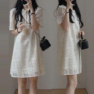 Elbow-sleeve Polo Neck Lace A-line Dress