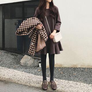 3/4-sleeve Ruffle Hem Plain Dress
