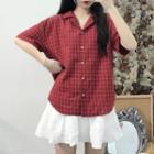 Short-sleeve Plaid Shirt Red - One Size