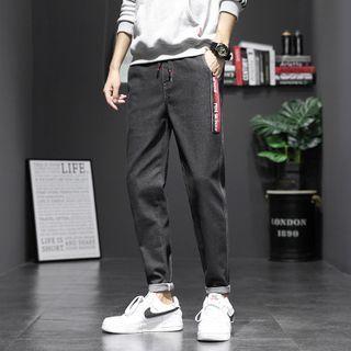 Drawstring-waist Applique Straight-cut Jeans