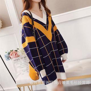 Plaid V-neck Long-sleeve Knit Dress