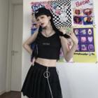 Sleeveless Lettering Embroidered Crop Top Black - One Size