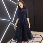 Elbow-sleeve Midi A-line Lace Cocktail Dress