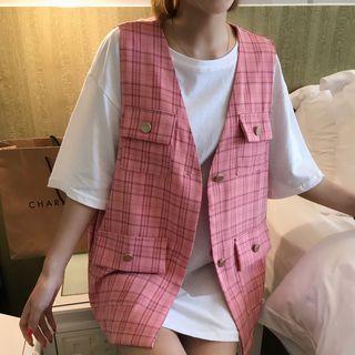 Short-sleeve Plain T-shirt / Plaid Vest