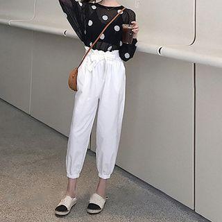 Polka Dot Long-sleeve Sheer Knit Top / Cropped Harem Pants / Set