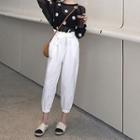 Polka Dot Long-sleeve Sheer Knit Top / Cropped Harem Pants / Set