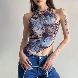 Printed Asymmetrical Cropped Halter Top