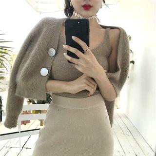 Set: Furry Cardigan + V-neck Camisole Top