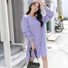 Plus Size Balloon-sleeve Striped Shirtdress