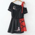Set: Embroidered Short-sleeve T-shirt + A-line Skirt T-shirt - Black - One Size / Skirt - Black - One Size