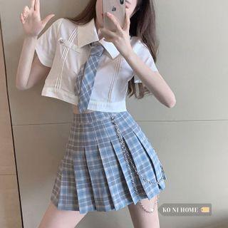 Short-sleeve Shirt With Tie / Plaid Pleated Mini A-line Skirt With Chain