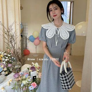 Lace Collar Accent Plain Puff-sleeve Dress