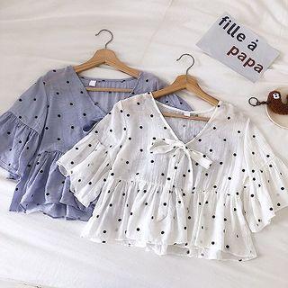 Polka Dot V-neck Flare-sleeve Top