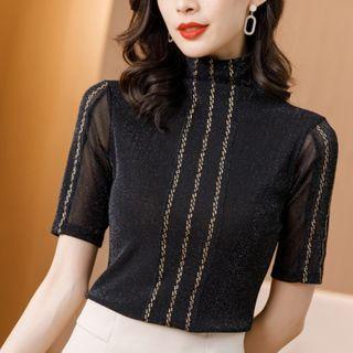 Mock Turtleneck Mesh Panel Short-sleeve Top
