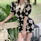 Set: Puff-sleeve Argyle Knit Top + Mini Pencil Skirt Top & Skirt - Black & White - One Size