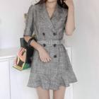 Elbow-sleeve Double-buttoned Ruffle Dress