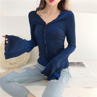 Long-sleeve V-neck Frill Trim Glitter Top