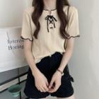 Short-sleeve Contrast Trim Lace-up Knit Top