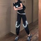 Short-sleeve Cold-shoulder Moon Print Cropped T-shirt / Rhinestone Cropped Harem Pants
