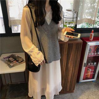 Long-sleeve Lace-trim Midi Dress / V-neck Knit Vest / Set