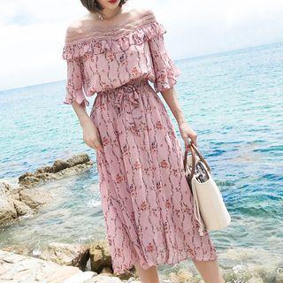 Floral Print Off-shoulder Tie-waist Dress