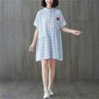 Plaid Short-sleeve Shirt Dress Sky Blue - One Size