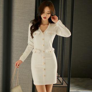 Buttoned V-neck Sheath Dress