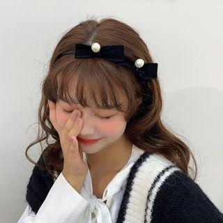Faux Pearl Fabric Bow Headband Black - One Size
