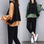 Set: Mock Two-piece Long-sleeve Top + Cropped Straight Cut Pants