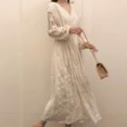 Long-sleeve V-neck Lace Trim Crinkled Midi Dress Off-white - One Size