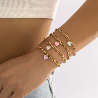 Set Of 4: Heart Pendant Chain Bracelet Gold - One Size