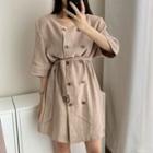 Elbow-sleeve Double Breasted Mini A-line Dress