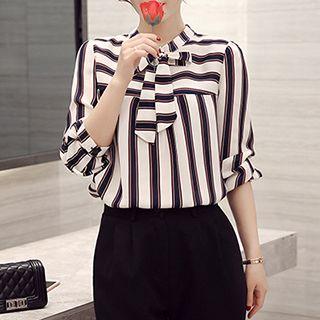 Long-sleeve Bow-accent Striped Blouse
