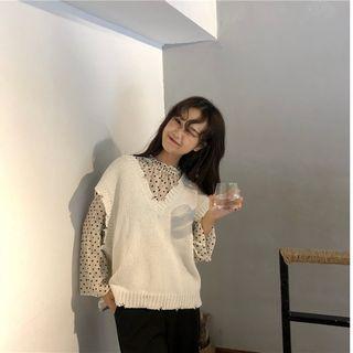 Heart Print Chiffon Blouse / V-neck Knit Vest