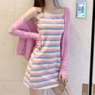 Set: Spaghetti Strap Striped Mini Dress + Button Jacket