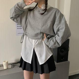 Long-sleeve Drawstring Plain Cropped Sweatshirt Gray - One Size