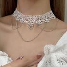 Heart Rhinestone Pendant Lace Choker 1pc - G1615 - Silver & White - One Size