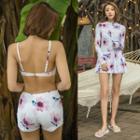 Set: Floral Print Long-sleeve Swim Dress + Bikini Top + Shorts