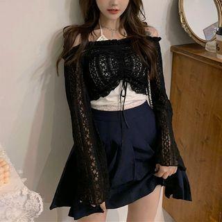 Halter-neck Camisole Top / Cold-shoulder Pointelle Drawstring Knit Top
